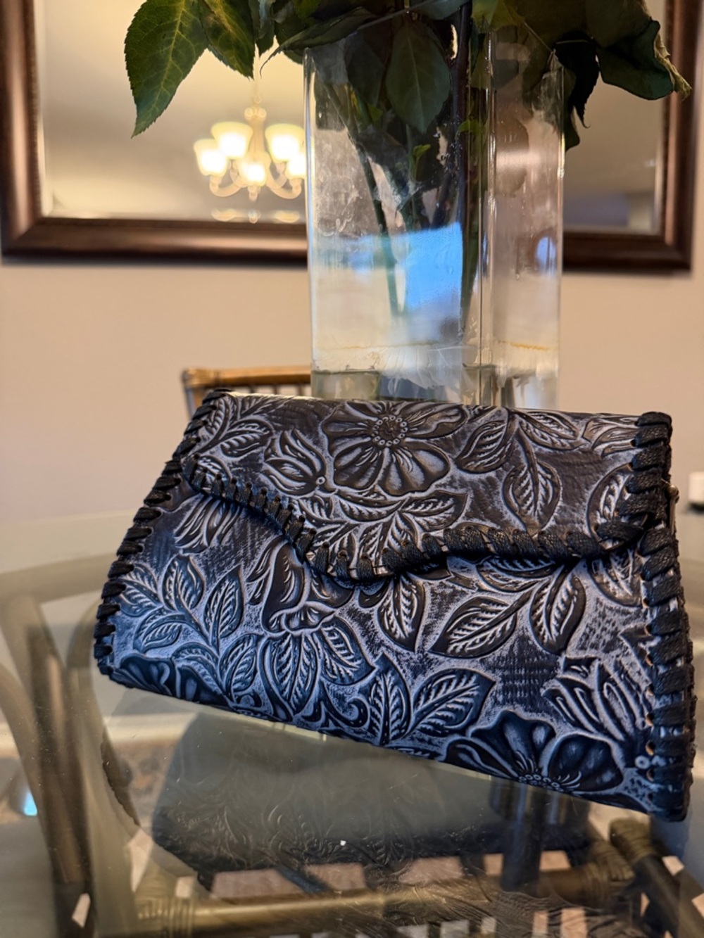 Embroidered Floral Leather Clutch - Blue